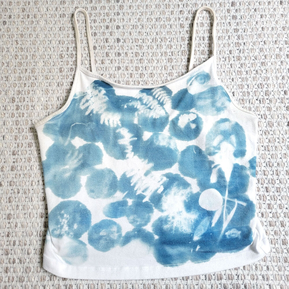 Handmade Cyanotype Top Womens M White Tank Top Sun Print Blue Nature Boho